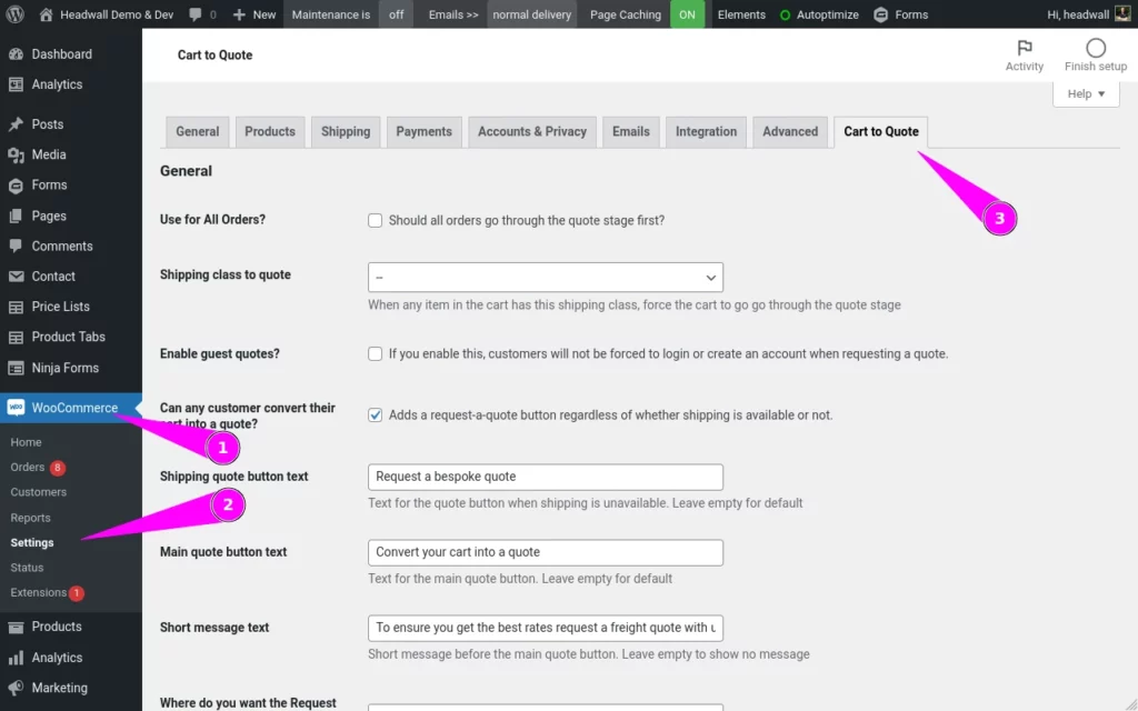 Cart-to-Quote for WooCommerce settings tab