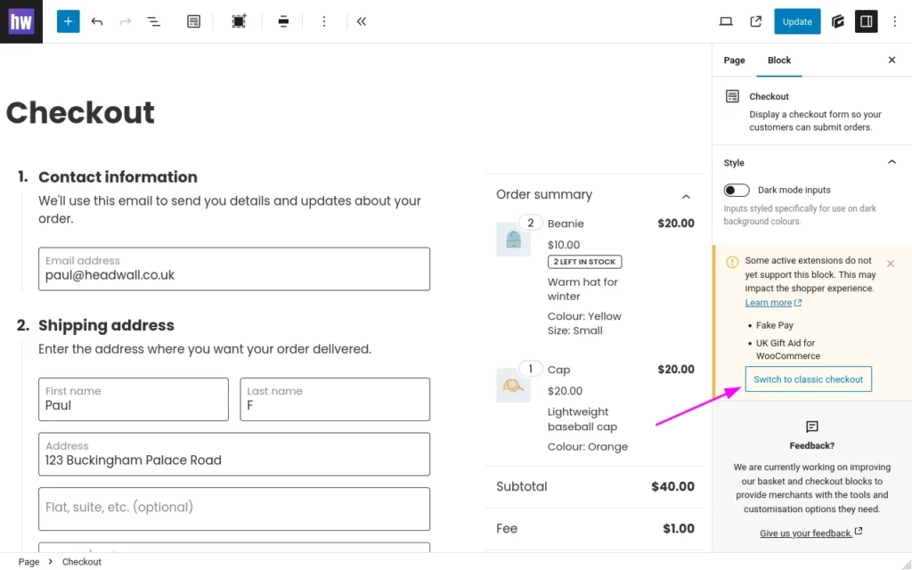 WooCommerce checkout in blocks mode