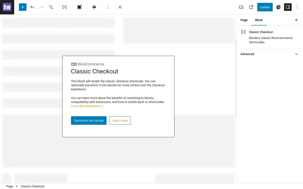 WooCommerce checkout in classic mode