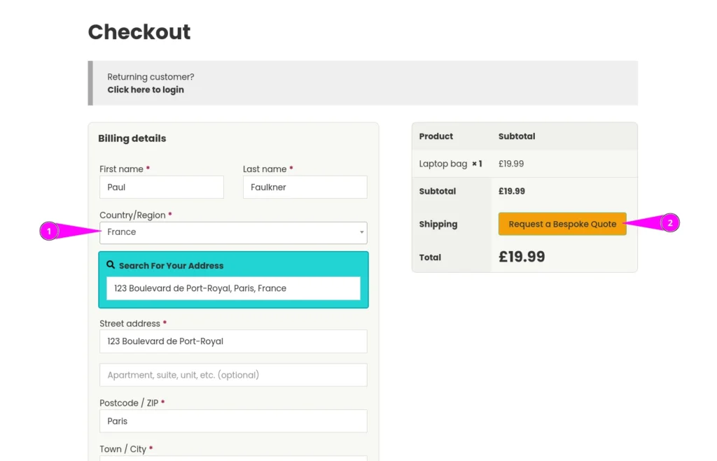 WooCommerce checkout, request a bespoke shipping quote