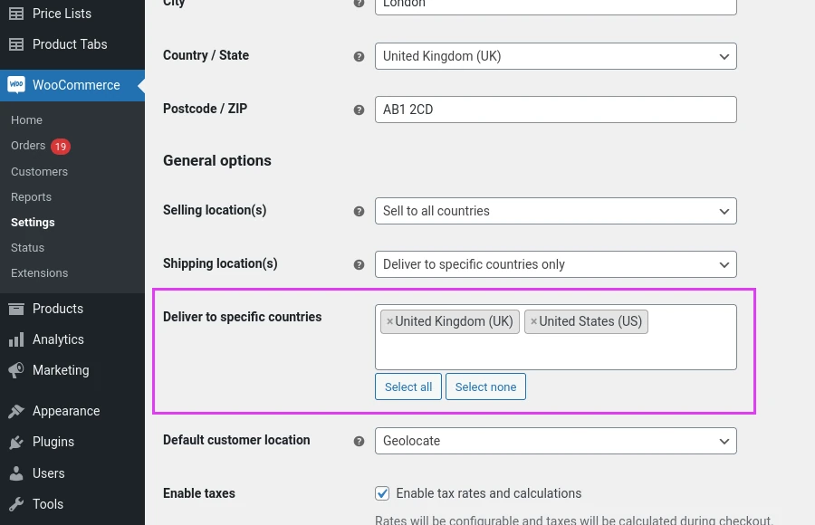WooCommerce ship to UK and USA