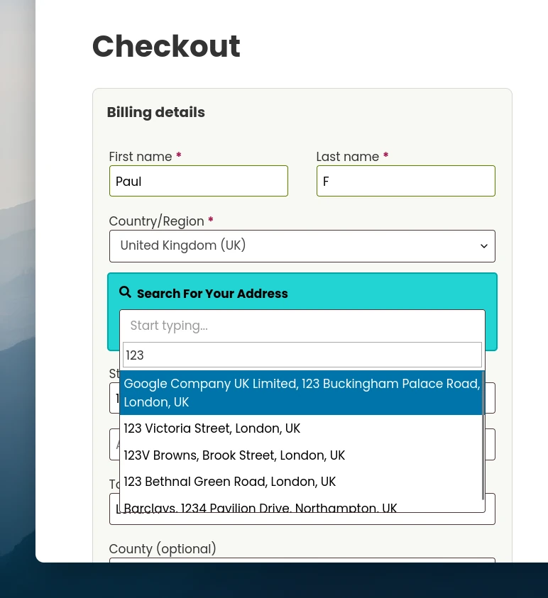 Postal address lookup at the checkout Postal address lookup at the checkout